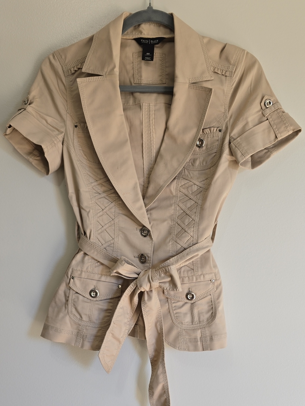 White House Black Market Khaki Short-Sleeve Belted Jacket Sz 00